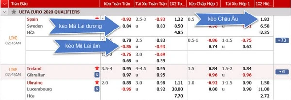 Bảng tỷ lệ kèo châu Âu và châu Á