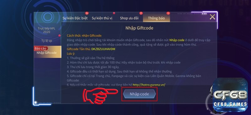 Chọn nhập Code