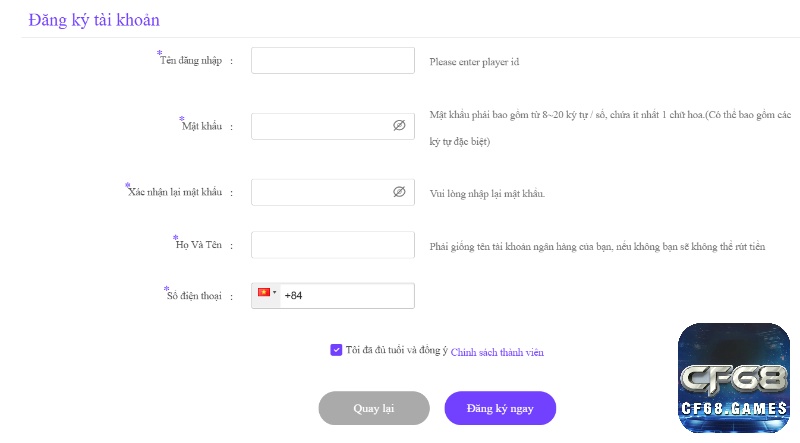 Giao diện đăng ký tài khoản Cf68