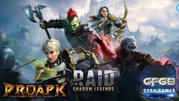 Nhân vật chiến binh trong RAID: Shadow Legends với trang bị và hiệu ứng kỹ năng đẹp mắt.